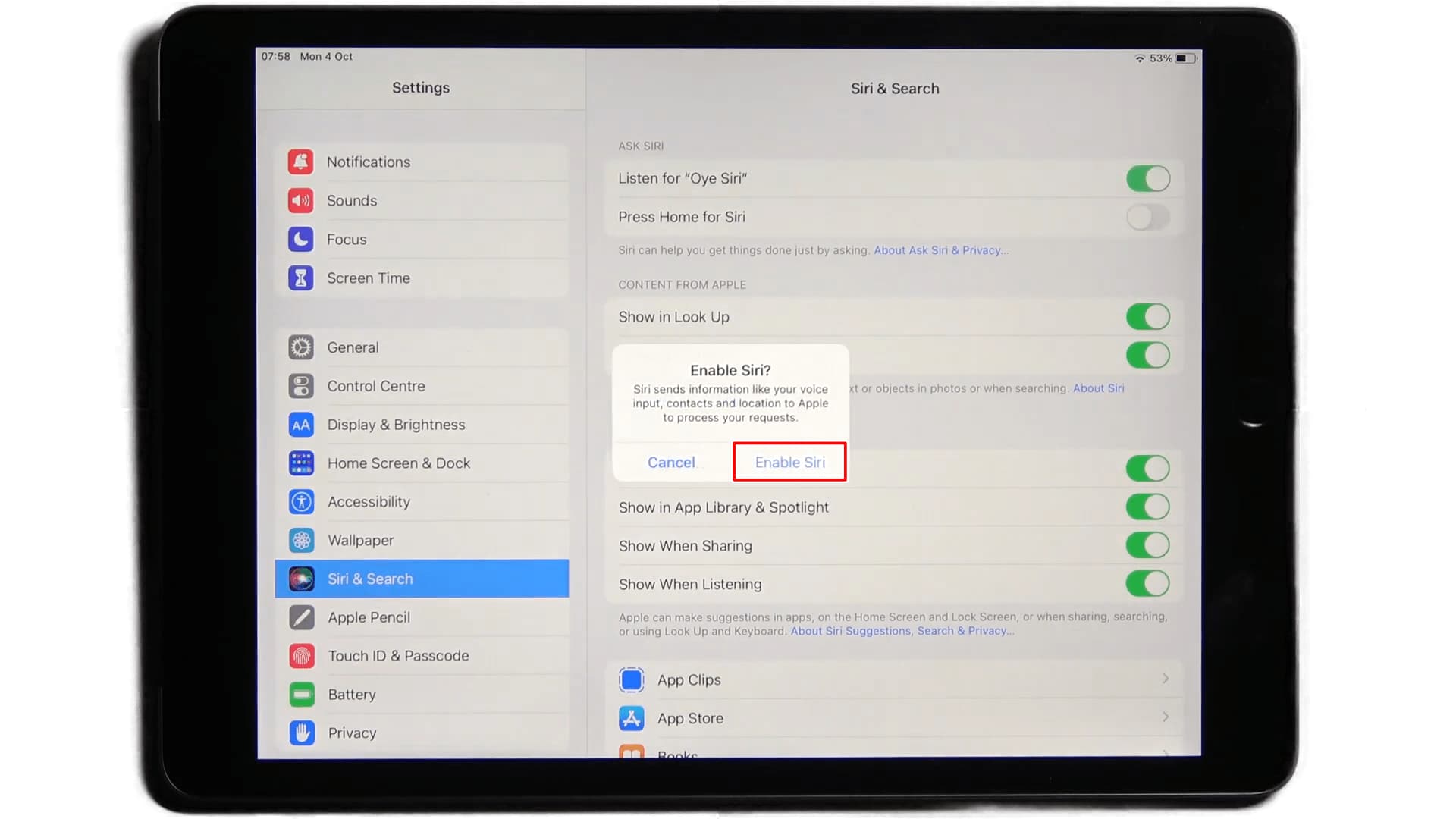 Confirm Enable Siri Voice Assistant on your iPad